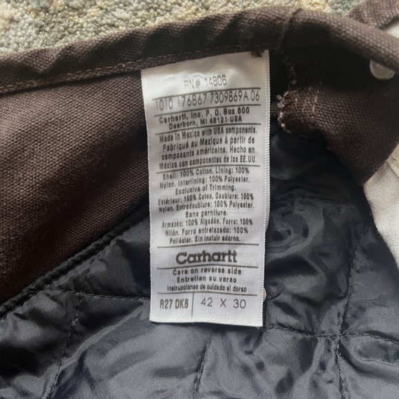 Carhartt Mens Dark Brown 42x30 Insulated Quilt Lined R27 Overalls RN#14806 - Picture 4 of 4